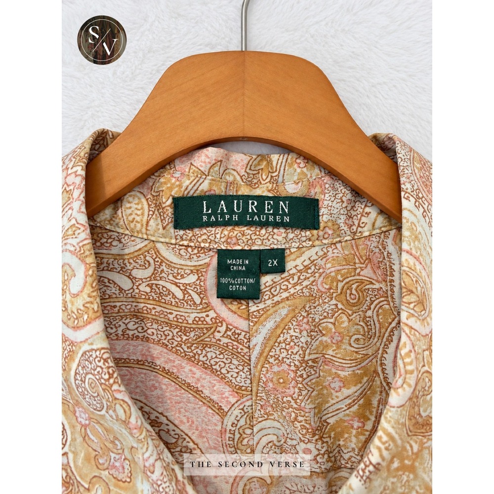 Lauren Ralph Lauren Paisley Button Down Shirt Tan Pink Cotton Womens 2X - Picture 5 of 6